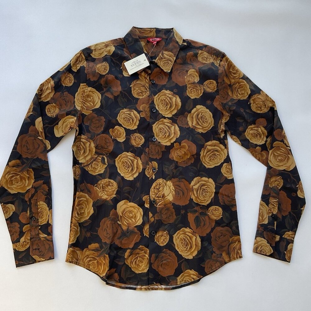 Guess Men’s Shirt Regular Fit Long Sleeves Roses Print Allover Size M